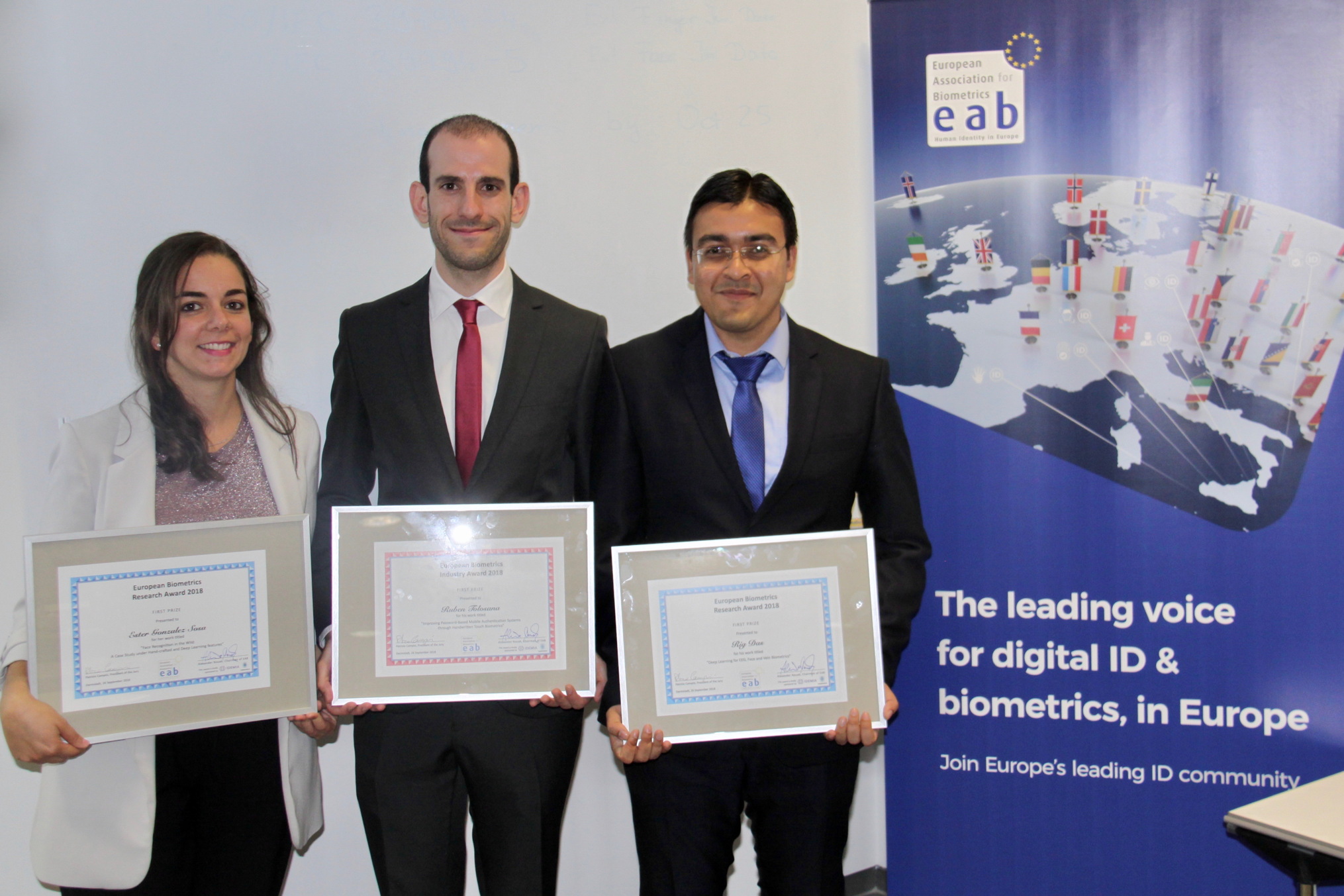 [Photo] The winners of the European BViometrics Research and Industry Awards 2018: Ester Gonzalez Sosa, Ruben Tolosana and Rig Das